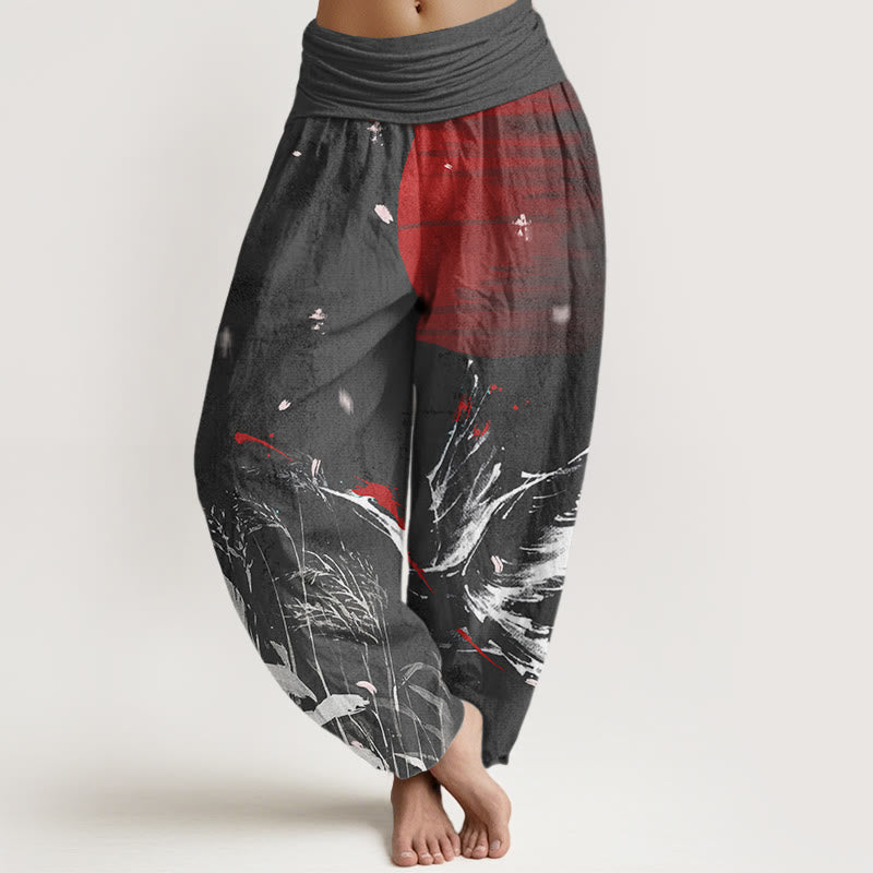 Buddha Stones Casual Red-crowned Reed Sun Crane Pattern Women's Elastic Waist Harem Pants - Black - US22，UK/AU26，EU54 (6XL) - image 4