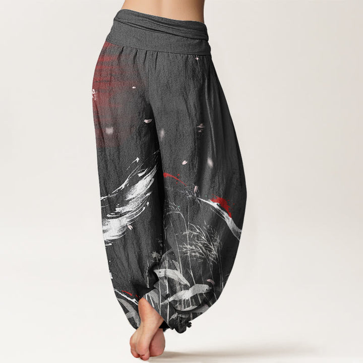 Buddha Stones Casual Red-crowned Reed Sun Crane Pattern Women's Elastic Waist Harem Pants - image 5