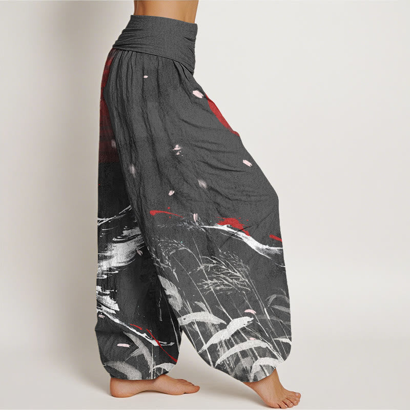 Buddha Stones Casual Red-crowned Reed Sun Crane Pattern Women's Elastic Waist Harem Pants - image 6