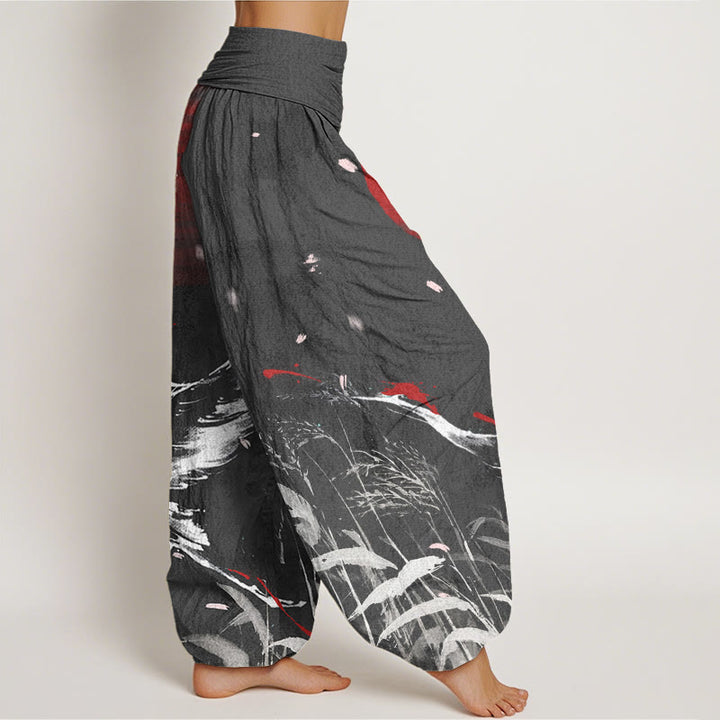 Buddha Stones Casual Red-crowned Reed Sun Crane Pattern Women's Elastic Waist Harem Pants - image 6
