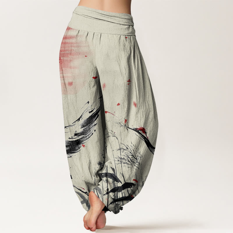 Buddha Stones Casual Red-crowned Reed Sun Crane Pattern Women's Elastic Waist Harem Pants - image 8