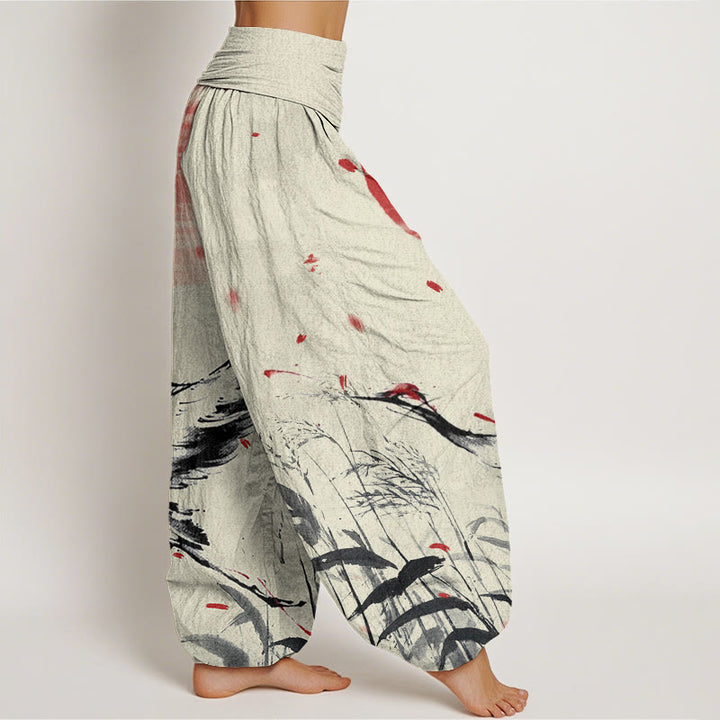 Buddha Stones Casual Red-crowned Reed Sun Crane Pattern Women's Elastic Waist Harem Pants - image 9