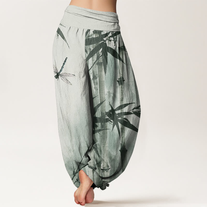 Buddha Stones Casual Bamboo Leaves Dragonfly Pattern Women's Elastic Waist Harem Pants - image 1