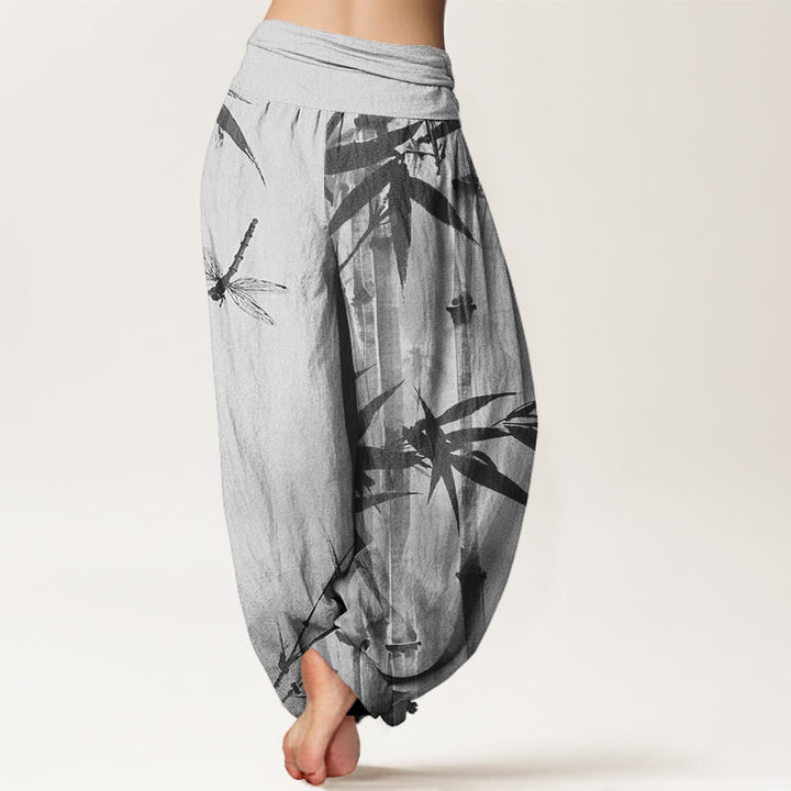 Buddha Stones Casual Bamboo Leaves Dragonfly Pattern Women's Elastic Waist Harem Pants - image 5