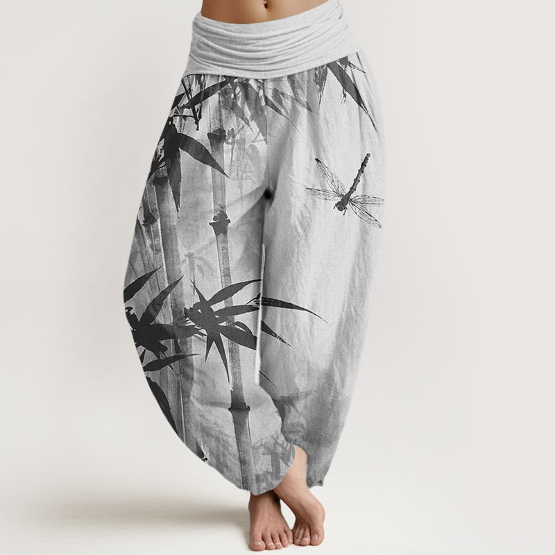 Buddha Stones Casual Bamboo Leaves Dragonfly Pattern Women's Elastic Waist Harem Pants - Silver - US22，UK/AU26，EU54 (6XL) - image 4