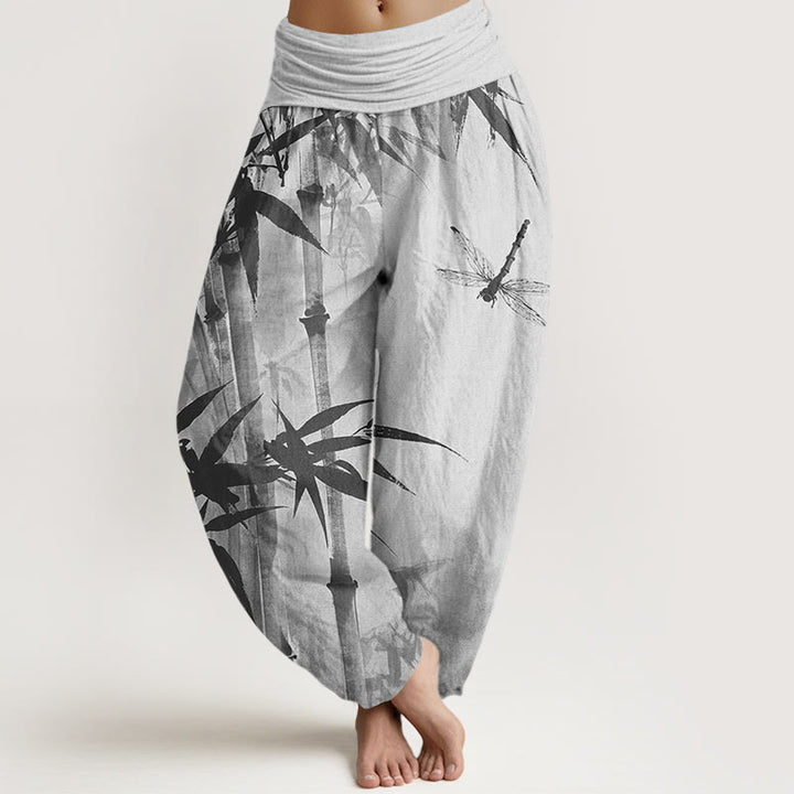 Buddha Stones Casual Bamboo Leaves Dragonfly Pattern Women's Elastic Waist Harem Pants - Silver - US22，UK/AU26，EU54 (6XL) - image 4