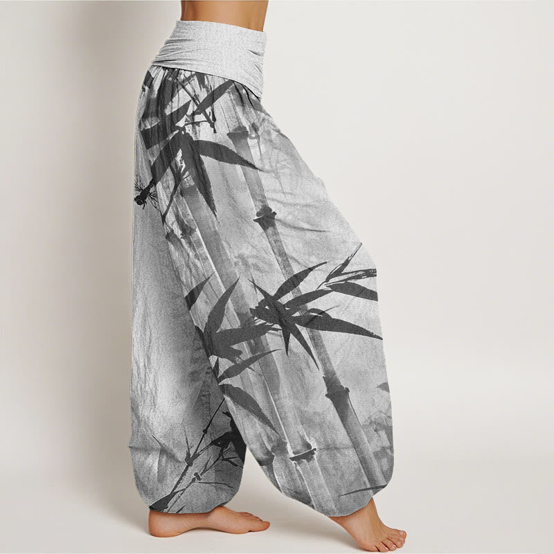 Buddha Stones Casual Bamboo Leaves Dragonfly Pattern Women's Elastic Waist Harem Pants - image 6