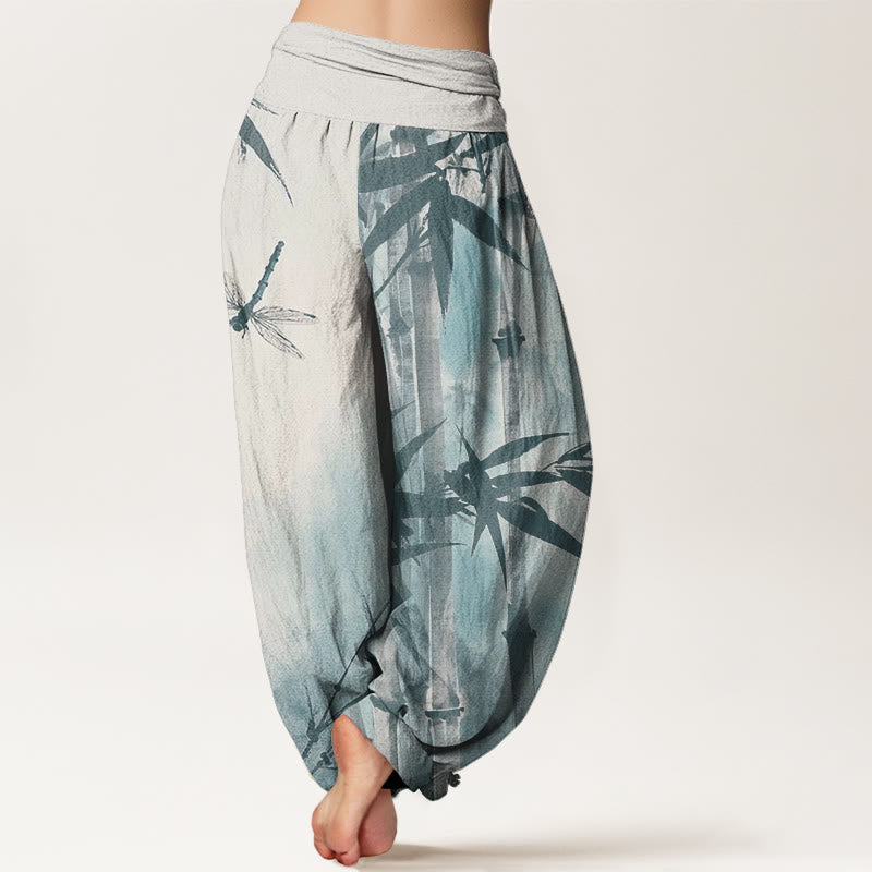 Buddha Stones Casual Bamboo Leaves Dragonfly Pattern Women's Elastic Waist Harem Pants - image 8
