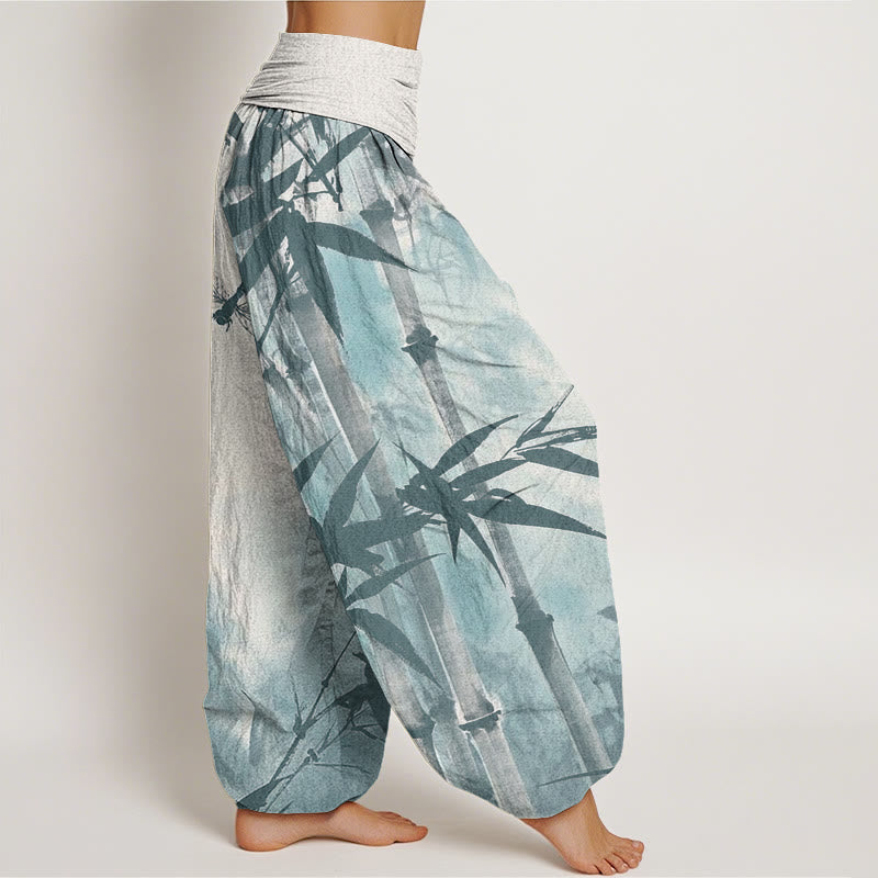 Buddha Stones Casual Bamboo Leaves Dragonfly Pattern Women's Elastic Waist Harem Pants - image 9