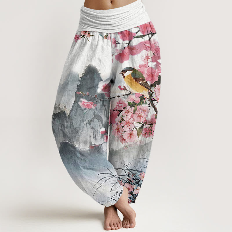 Buddha Stones Bird Cherry Blossom Mountains Pattern Women's Elastic Waist Harem Pants - Gray - US22，UK/AU26，EU54 (6XL) - image 0