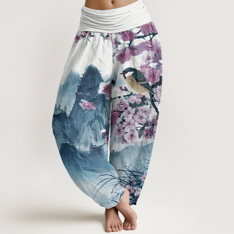 Buddha Stones Bird Cherry Blossom Mountains Pattern Women's Elastic Waist Harem Pants - MediumBlue - US22，UK/AU26，EU54 (6XL) - image 4