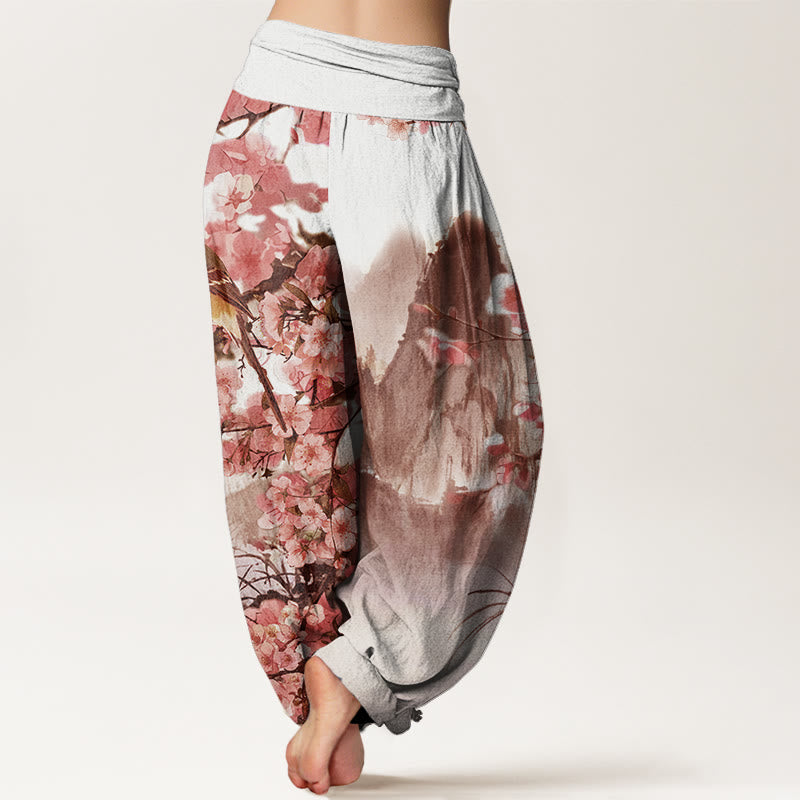 Buddha Stones Bird Cherry Blossom Mountains Pattern Women's Elastic Waist Harem Pants - image 8
