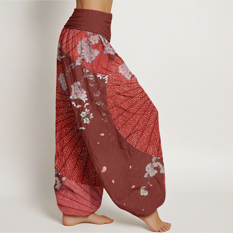Buddha Stones Casual Red Oil-paper Umbrella Cherry Blossom Pattern Women's Elastic Waist Harem Pants - image 2