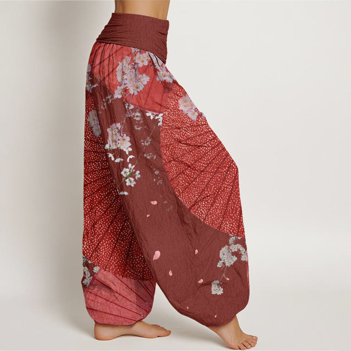 Buddha Stones Casual Red Oil-paper Umbrella Cherry Blossom Pattern Women's Elastic Waist Harem Pants - image 2