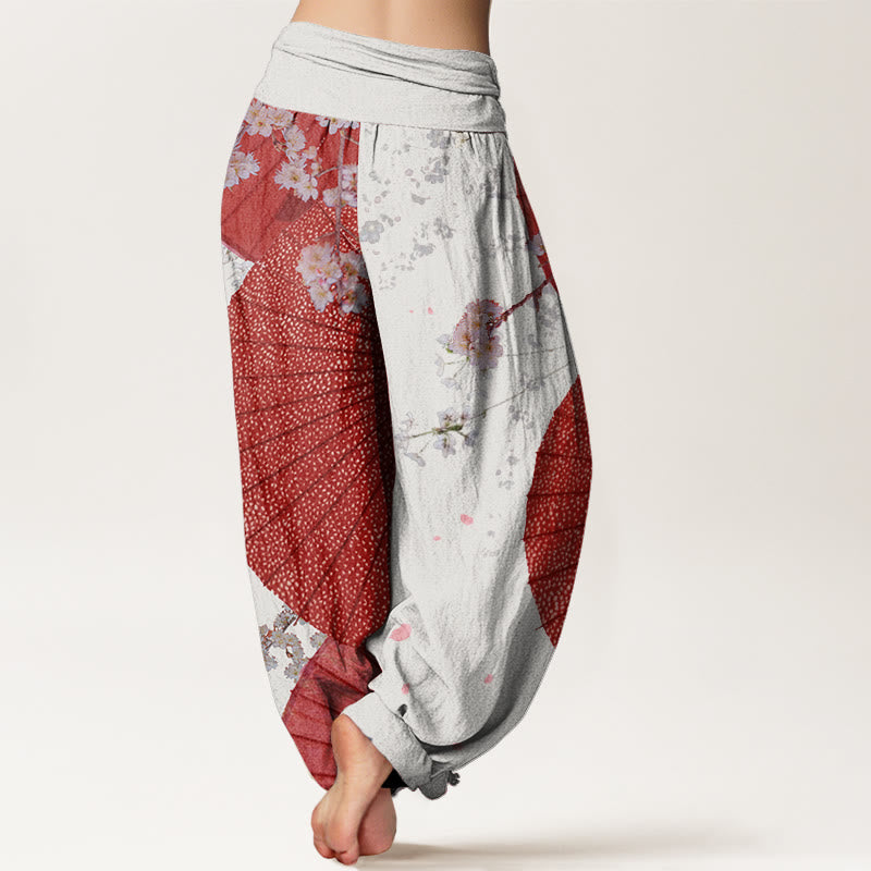Buddha Stones Casual Red Oil-paper Umbrella Cherry Blossom Pattern Women's Elastic Waist Harem Pants - image 5