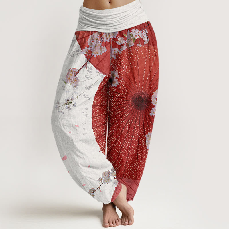 Buddha Stones Casual Red Oil-paper Umbrella Cherry Blossom Pattern Women's Elastic Waist Harem Pants - GhostWhite - US22，UK/AU26，EU54 (6XL) - image 4