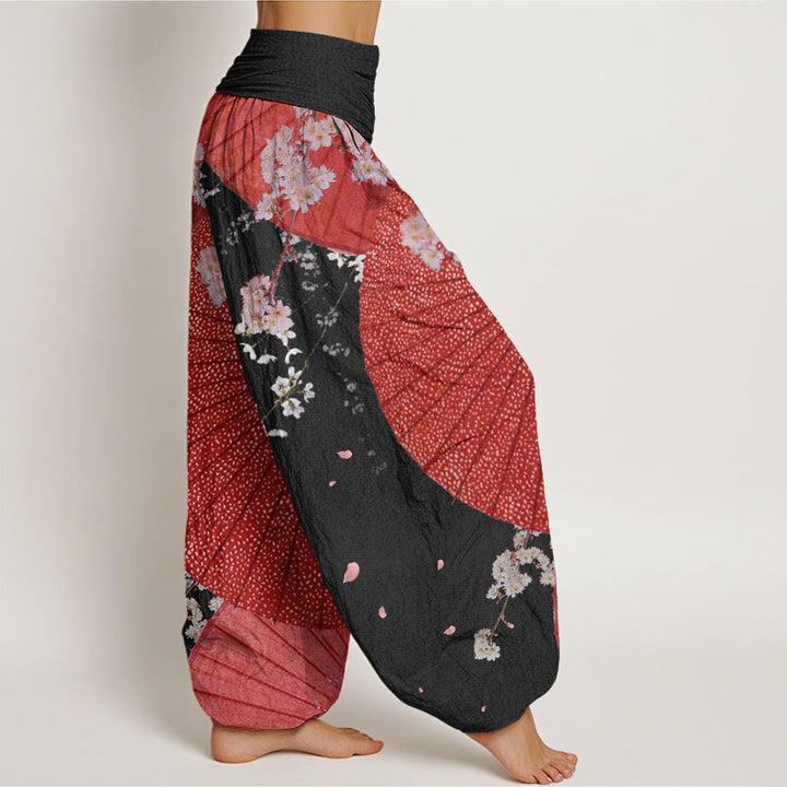 Buddha Stones Casual Red Oil-paper Umbrella Cherry Blossom Pattern Women's Elastic Waist Harem Pants - image 9