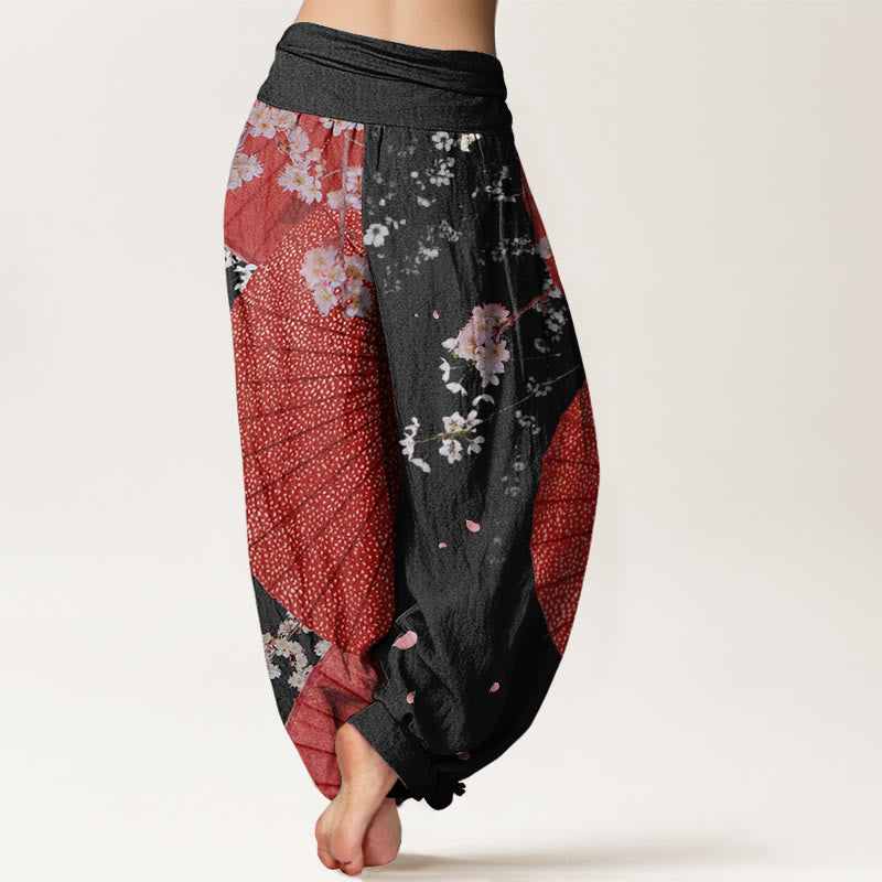 Buddha Stones Casual Red Oil-paper Umbrella Cherry Blossom Pattern Women's Elastic Waist Harem Pants - image 8