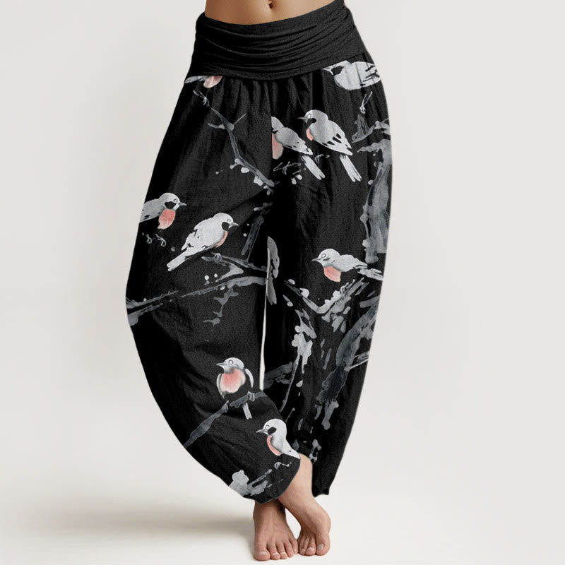 Buddha Stones Casual Bird Branches Pattern Women's Elastic Waist Harem Pants - Black - US22，UK/AU26，EU54 (6XL) - image 0