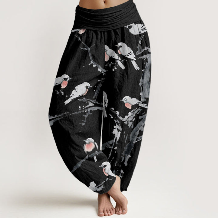 Buddha Stones Casual Bird Branches Pattern Women's Elastic Waist Harem Pants - Black - US22，UK/AU26，EU54 (6XL) - image 0