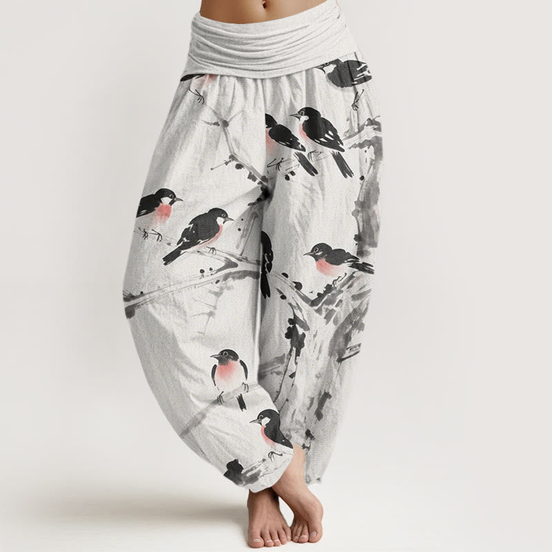Buddha Stones Casual Bird Branches Pattern Women's Elastic Waist Harem Pants - GhostWhite - US22，UK/AU26，EU54 (6XL) - image 7