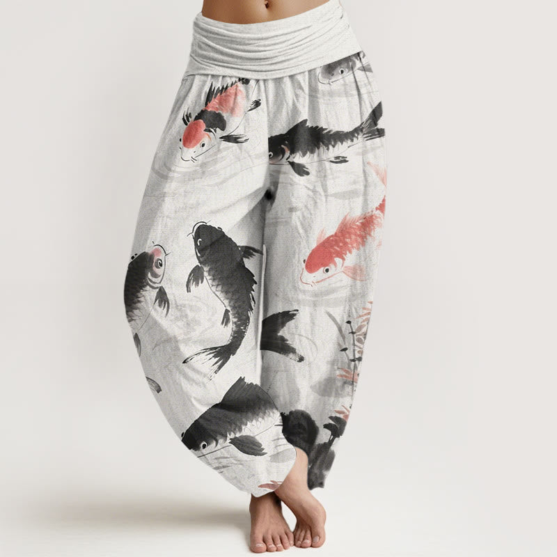Buddha Stones Casual Koi Fish Pattern Women's Elastic Waist Harem Pants - GhostWhite - US22，UK/AU26，EU54 (6XL) - image 0