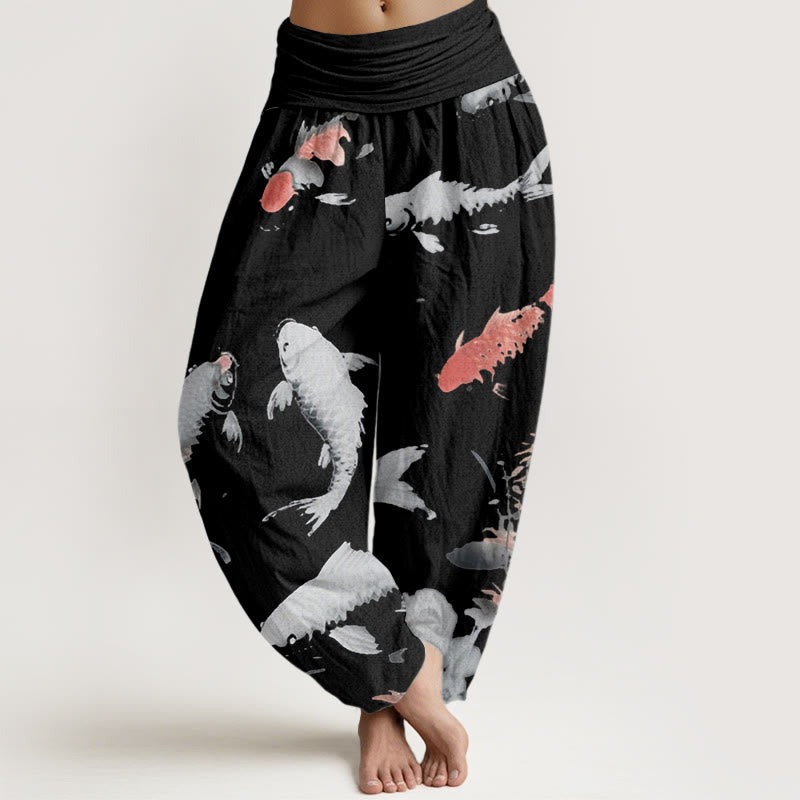 Buddha Stones Casual Koi Fish Pattern Women's Elastic Waist Harem Pants - Black - US22，UK/AU26，EU54 (6XL) - image 7