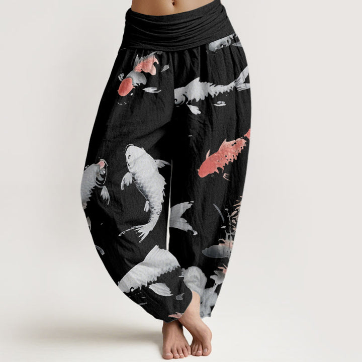 Buddha Stones Casual Koi Fish Pattern Women's Elastic Waist Harem Pants - Black - US22，UK/AU26，EU54 (6XL) - image 7