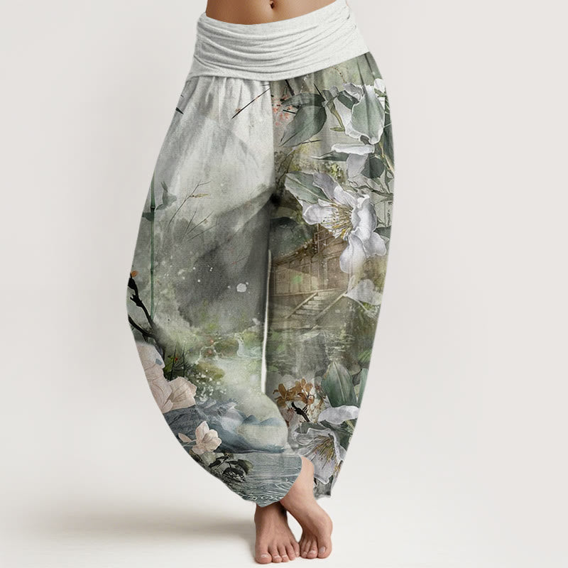 Buddha Stones Bamboo Tree Pavilion Flower Pattern Women's Elastic Waist Harem Pants - MediumSeaGreen - US22，UK/AU26，EU54 (6XL) - image 0