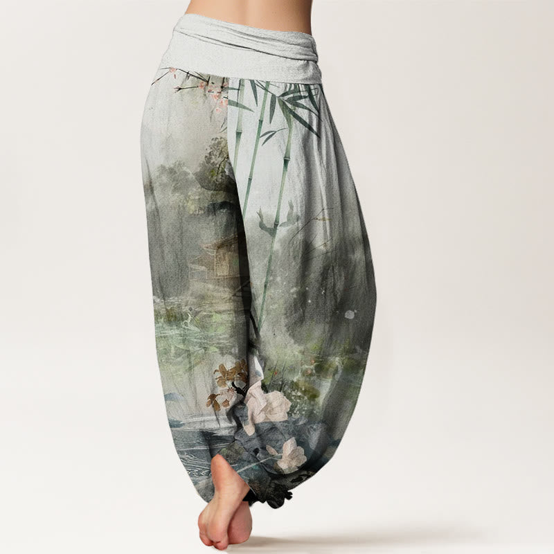 Buddha Stones Bamboo Tree Pavilion Flower Pattern Women's Elastic Waist Harem Pants - image 1