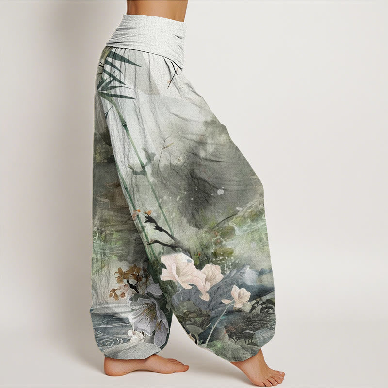 Buddha Stones Bamboo Tree Pavilion Flower Pattern Women's Elastic Waist Harem Pants - image 2