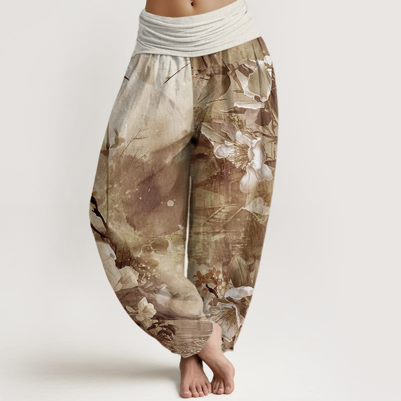 Buddha Stones Bamboo Tree Pavilion Flower Pattern Women's Elastic Waist Harem Pants - DarkGoldenrod - US22，UK/AU26，EU54 (6XL) - image 4