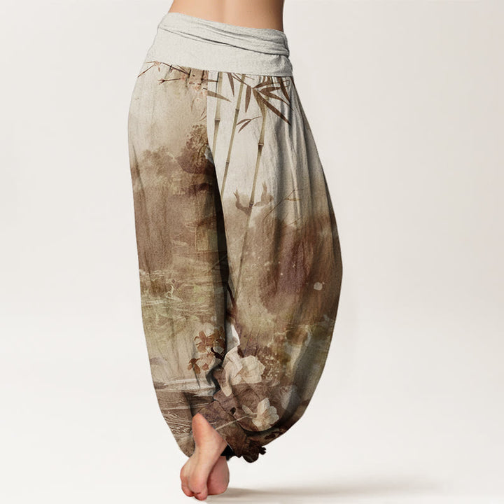Buddha Stones Bamboo Tree Pavilion Flower Pattern Women's Elastic Waist Harem Pants - image 5