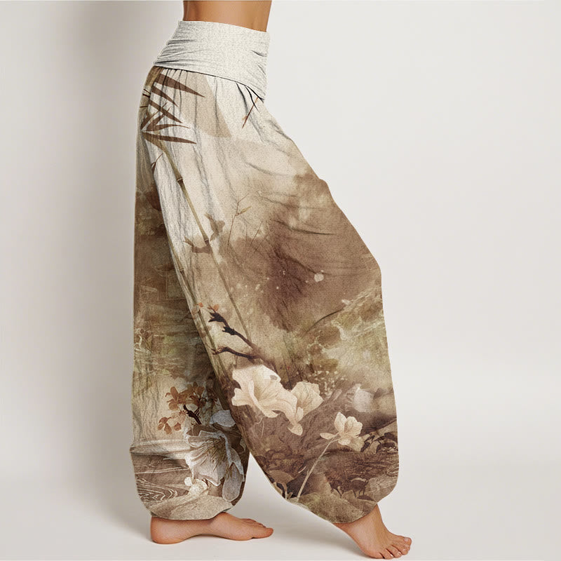 Buddha Stones Bamboo Tree Pavilion Flower Pattern Women's Elastic Waist Harem Pants - image 6