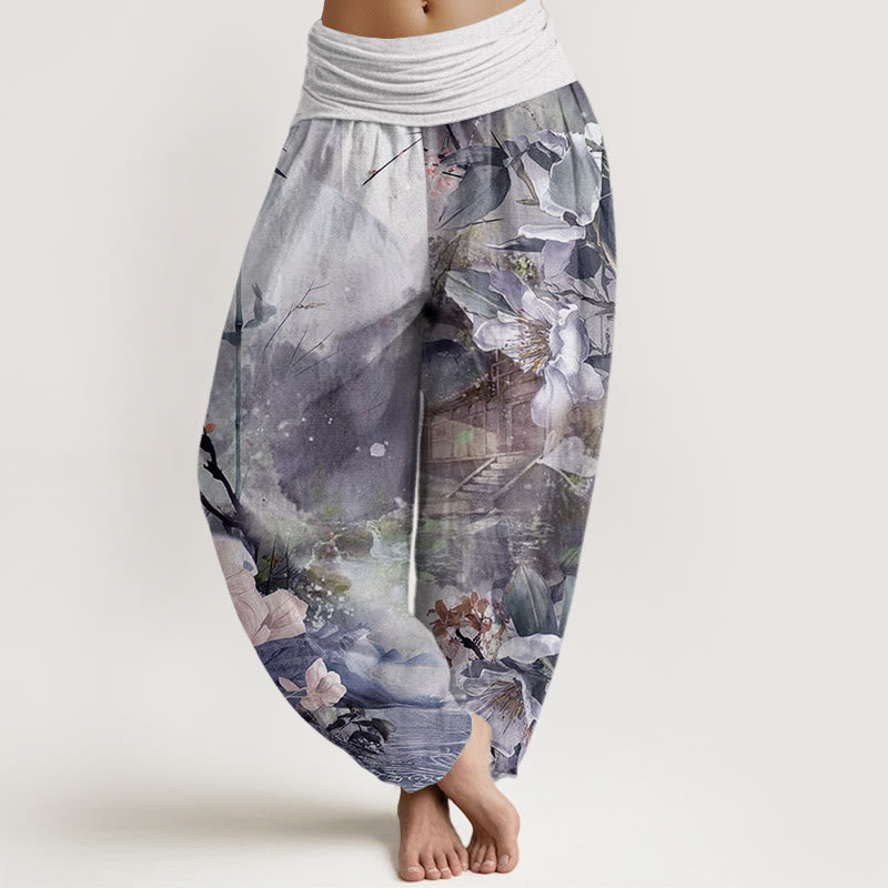 Buddha Stones Bamboo Tree Pavilion Flower Pattern Women's Elastic Waist Harem Pants - DarkSlateBlue - US22，UK/AU26，EU54 (6XL) - image 7