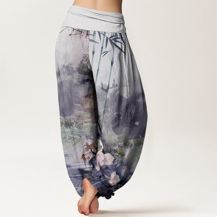 Buddha Stones Bamboo Tree Pavilion Flower Pattern Women's Elastic Waist Harem Pants - image 8