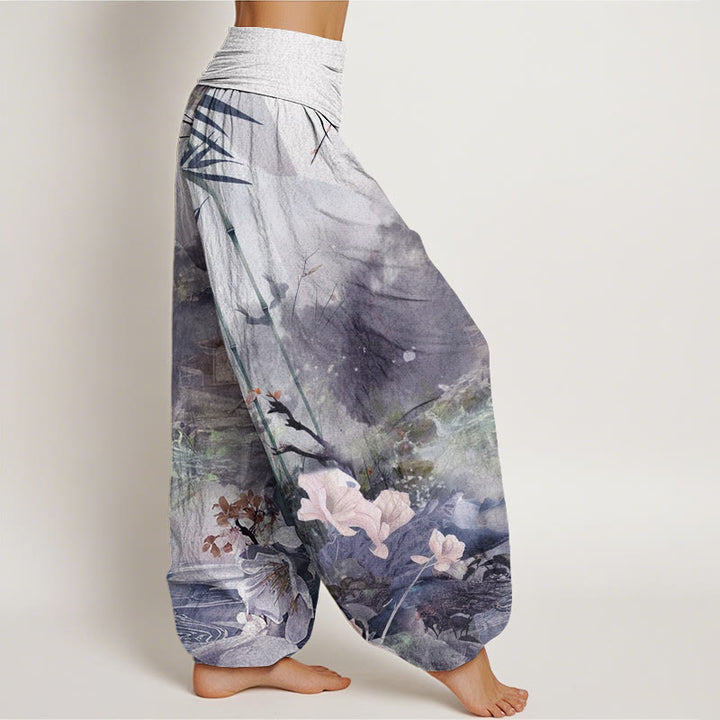 Buddha Stones Bamboo Tree Pavilion Flower Pattern Women's Elastic Waist Harem Pants - image 9