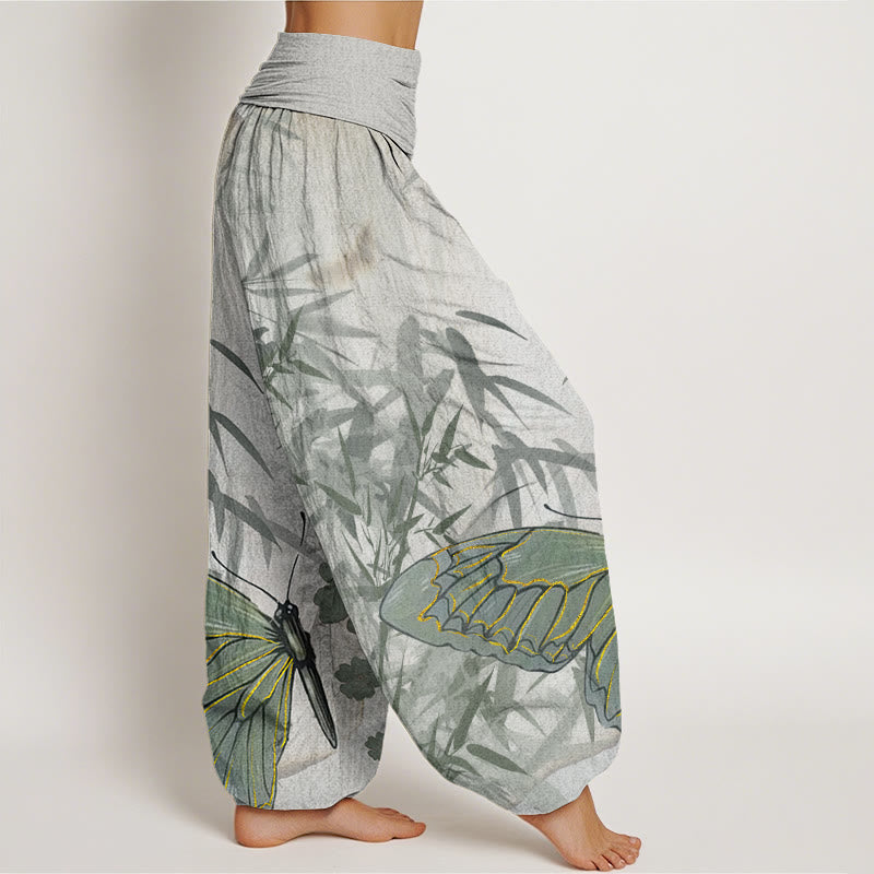 Buddha Stones Butterfly Bamboo Flower Pattern Women's Elastic Waist Harem Pants - image 2