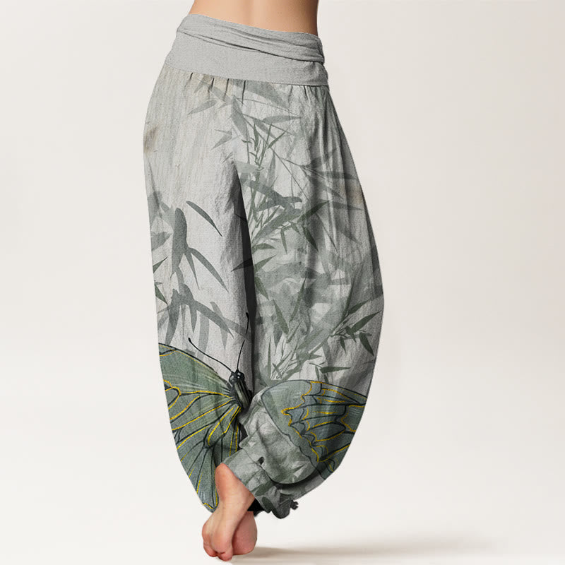 Buddha Stones Butterfly Bamboo Flower Pattern Women's Elastic Waist Harem Pants - image 1