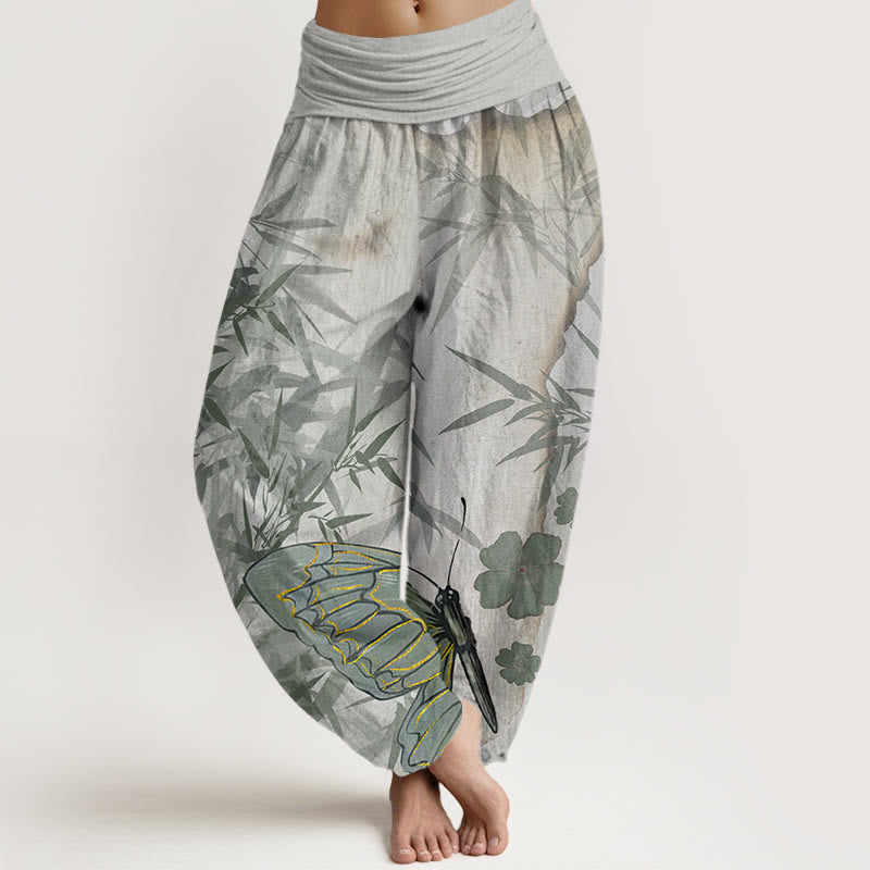 Buddha Stones Butterfly Bamboo Flower Pattern Women's Elastic Waist Harem Pants - LightGrey - US22，UK/AU26，EU54 (6XL) - image 0
