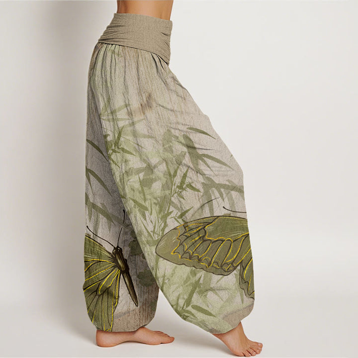 Buddha Stones Butterfly Bamboo Flower Pattern Women's Elastic Waist Harem Pants - image 6
