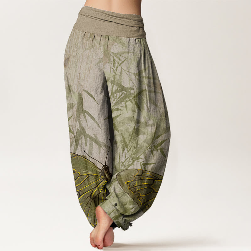 Buddha Stones Butterfly Bamboo Flower Pattern Women's Elastic Waist Harem Pants - image 5