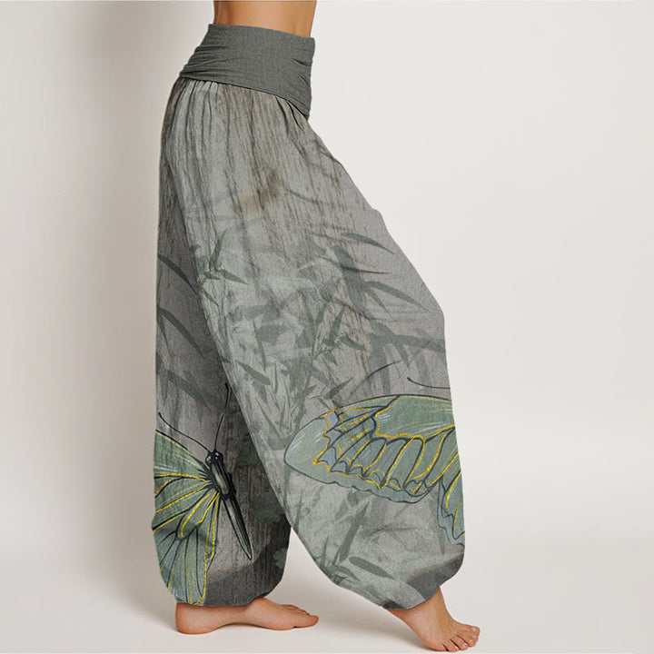 Buddha Stones Butterfly Bamboo Flower Pattern Women's Elastic Waist Harem Pants - image 9