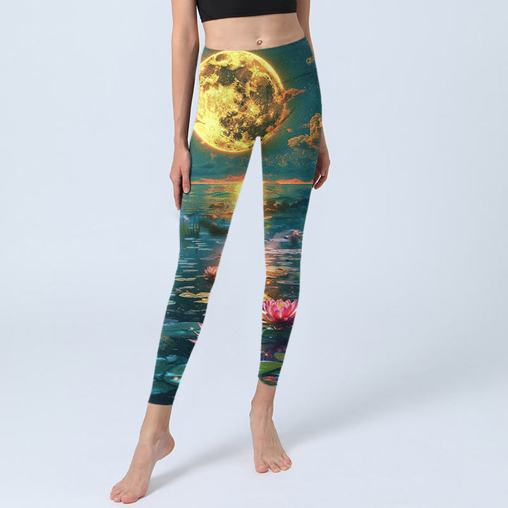 Buddha Stones Full Moon Lotus Flowers Leaves Pattern Print Gym Leggings Women's Yoga Pants - image 5