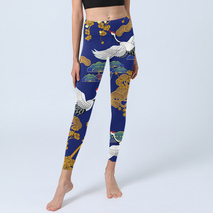 Buddha Stones Flying Red-Crowned Crane Pine Tree Flower Pattern Print Gym Leggings Women's Yoga Pants - image 5