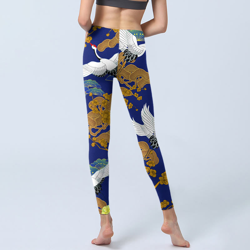Buddha Stones Flying Red-Crowned Crane Pine Tree Flower Pattern Print Gym Leggings Women's Yoga Pants - image 6