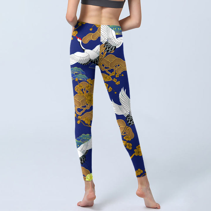 Buddha Stones Flying Red-Crowned Crane Pine Tree Flower Pattern Print Gym Leggings Women's Yoga Pants - image 6