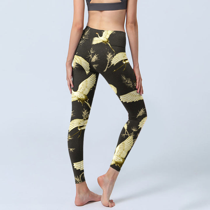 Buddha Stones Flying Red-crowned Crane Branch Pine Needles Pattern Print Gym Leggings Women's Yoga Pants - image 4