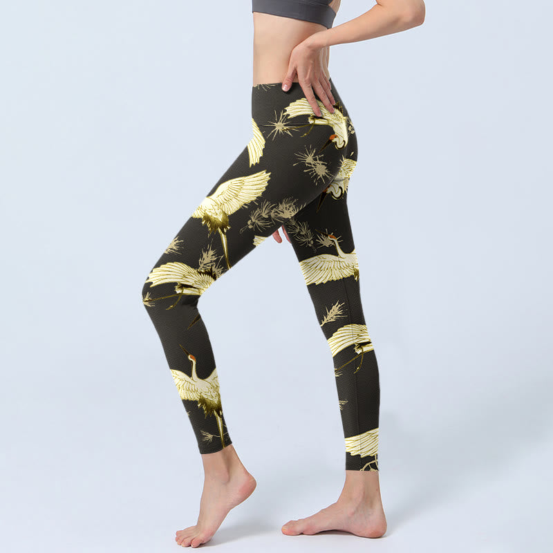 Buddha Stones Flying Red-crowned Crane Branch Pine Needles Pattern Print Gym Leggings Women's Yoga Pants - image 2