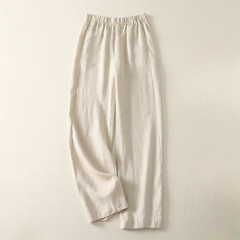 Buddha Stones Daily Plain Simple Design Cotton Linen Women's Pants With Pockets - Beige - US8-10，UK/AU12-14，EU40-42 (2XL) - image 0